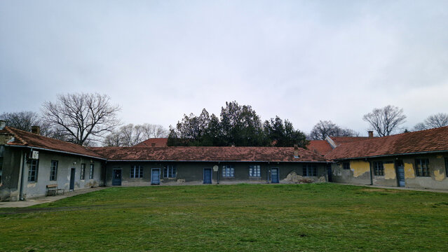 Nis, Serbia - December 27, 2025: Building of the former Nazi concentration camp "Crveni Krst" (Red Cross). German occupation of Serbia. Today the camp is the Memorial Complex "February 12".