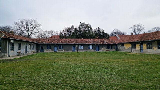 Nis, Serbia - December 27, 2025: Building of the former Nazi concentration camp "Crveni Krst" (Red Cross). German occupation of Serbia. Today the camp is the Memorial Complex "February 12".