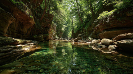 Fototapeta premium Serene Forest Stream in a Rocky Canyon