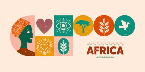 Illustrative depiction of african culture with symbolic elements and the word africa © Smritykona