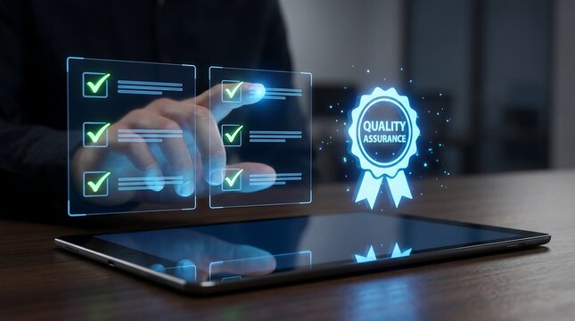 A person interacts with a holographic display showing checkmarks and a quality assurance badge above a laptop high quality professional detailed modern
