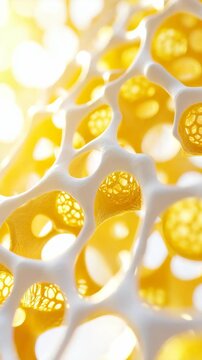 Close-up macro view of white trabecular bone showing spongy tissue and empty spaces filled with yellow bone marrow