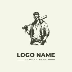 A vintage-style woodcut illustration of a man holding a baseball bat over his shoulder with a logo name and slogan on a plain background, in a classic icon design.