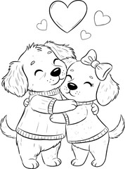 Black and white line art of cute cartoon dogs hugging under a heart. Vector illustration for coloring page.