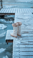 Fototapeta premium Pair of Fashionable White Winter Boots with Faux Fur Trim on Frozen Wooden Pier, Outdoor Seasonal Cold Weather Footwear Concept