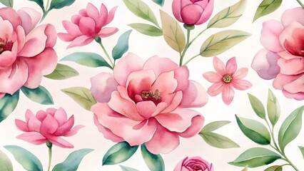 Fototapeta premium Delicate Pink Peony Flowers Seamless Pattern Watercolor Botanical Illustration