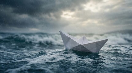 Obraz premium Paper Boat Navigating Storm: A solitary paper boat bravely navigates turbulent waves under a dramatic, stormy sky, capturing the essence of resilience and the journey through life's challenges.