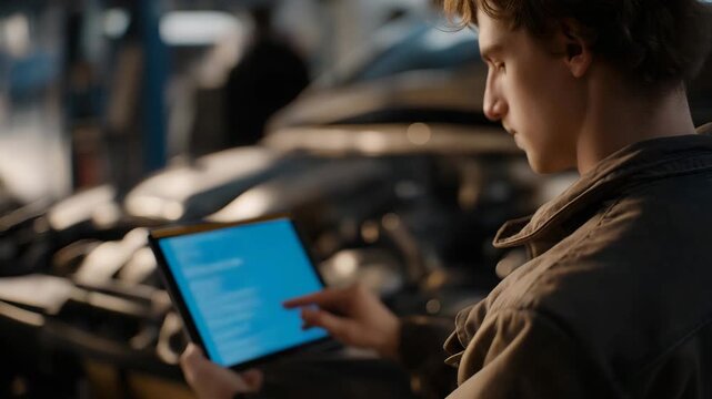 Inside a repair bay, experts run diagnostics software to evaluate engine systems, ensuring accurate car troubleshooting and targeted repairs. cinematic color correction, natural uneven lighting yet