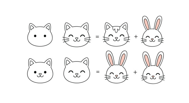 Educational drawing tutorial showing how to create cute animal faces by combining simple shapes for cats and rabbits in line art style.