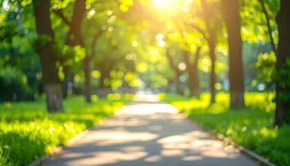 blur background with A scenic rural road winds through a sunny autumn park where golden sun rays filter through yellow forest trees onto an asphalt path blanketed in fall leaves