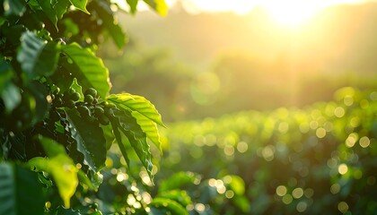 blur background a Bright sun rays shine through coffe tree branches over a summer meadow of blooming yellow flowers and lush green flora in a beautiful spring garden