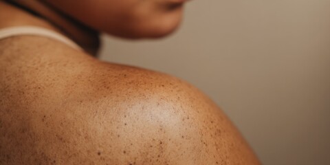 Fototapeta premium Close-up of female freckled shoulder with smooth skin