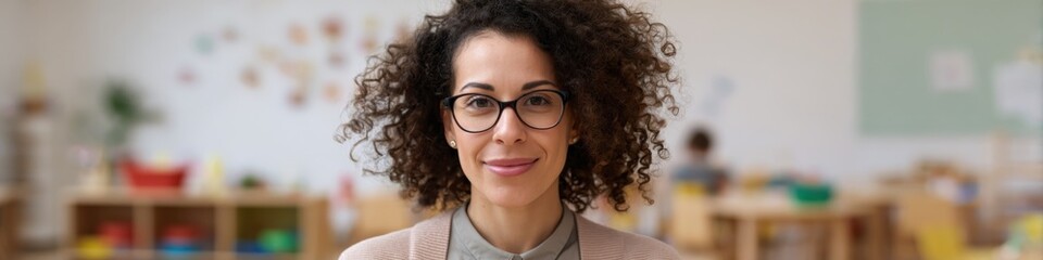 Obraz premium Confident caucasian female teacher in classroom with curly hair and glasses