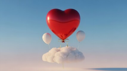 Obraz premium Red heart shaped hot air balloon flying over snowy mountains with clouds love concept