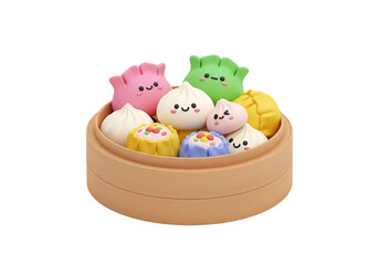 Obraz premium Adorable Kawaii Dumplings in Steamer Basket on White