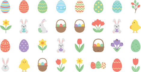 Colorful Easter eggs, bunnies, and flowers for spring celebration © Mofajjol