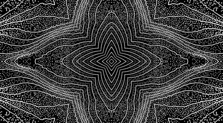 Small white particles on a black background. Black and white. Grid. Dynamic effect. Cover design template. Illustration for brochure, poster, card, flyer or banner.