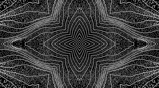 Small white particles on a black background. Black and white. Grid. Dynamic effect. Cover design template. Illustration for brochure, poster, card, flyer or banner.