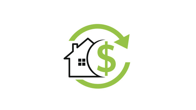Green house icon with a dollar sign inside circular arrows representing real estate investment cycle and home mortgage financing.