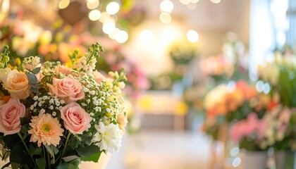 A beautiful bridal bouquet of pink roses in flower store creates a romantic floral arrangement for a wedding ceremony decoration set amidst a lush green nature garden with blur background