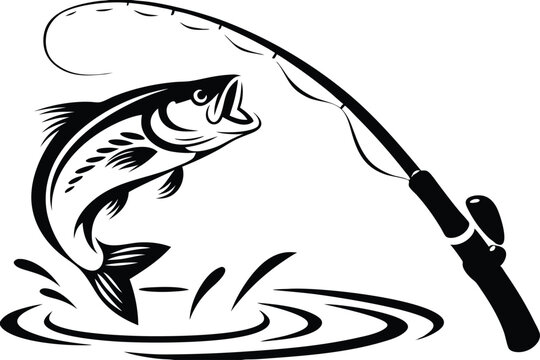 A black leaping fish seeks the bait attached to the fishing rod over water