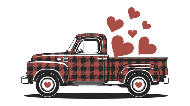 Rustic plaid pickup truck carrying a load of vibrant red hearts for a charming romantic delivery