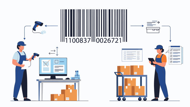 Illustration of two warehouse workers using scanners and a computer to manage inventory with boxes and barcodes.