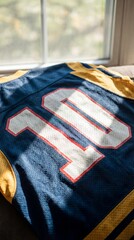 A sunlit image of a sports jersey, the number 10 prominently displayed, hanging near a window, suggesting themes of sport, dedication, and personal connection.