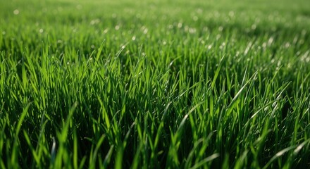 Obraz premium Fresh green grass texture in sunlight. Close up of lush lawn field for nature background, ecology concept, environmental growth, gardening and sustainability. Bright summer meadow.