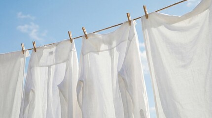 Crisp white linens flutter gently on a clothesline against a vibrant azure sky, invoking a sense of purity, freshness, and the simplicity of everyday life.