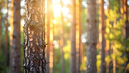 blur background a Golden sun light shines through autumn pines birch trees in a natural forest landscape with yellow leaves and textured bark