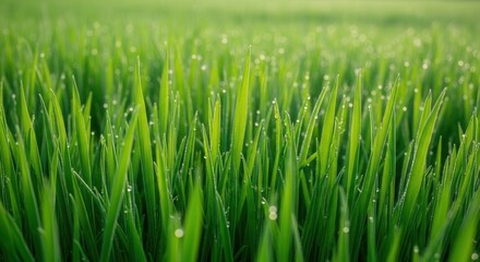Obraz premium Morning dew drops on fresh green grass blades. Macro photography of wet lawn with bokeh light. Nature purity, spring freshness, ecological environment and morning light background.