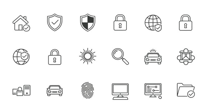 A collection of various security home technology and transportation related line icons in a grid layout