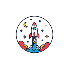 Fototapeta premium A vibrant flat design illustration depicting a red and white rocket launching into a starry night sky with a crescent moon and stylized clouds.