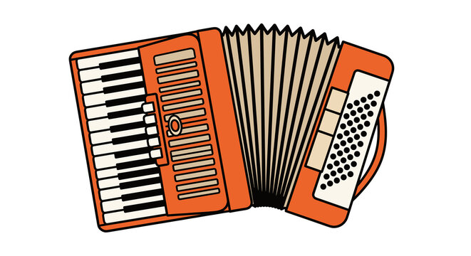 Orange Accordion Music Instrument Playing for Folk Celebration and Entertainment, Traditional Musical Equipment, Isolated Vintage Squeezebox for Concert Performance, Festival, Orch.