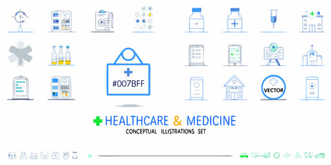 Healthcare and medicine conceptual illustration set with various icons