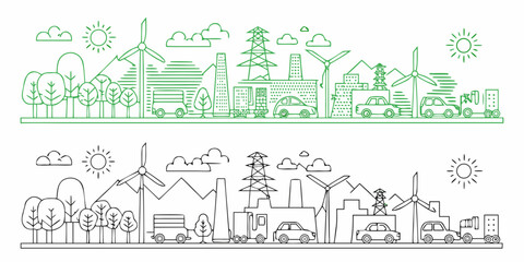 Fototapeta premium Green energy cityscape wind turbines solar panels and sustainable infrastructure