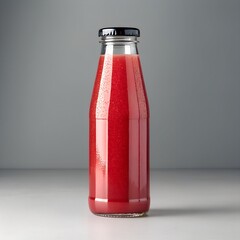 Obraz premium Bottle of Red Juice on the Grey Background, Fresh Fruit Beverage, Natural Healthy Drink, Summer Juice Presentation, Product Display, Refreshing Vitamin Rich Drink, Ideal for Branding and Packaging.