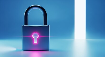 Fototapeta premium Glowing neon padlock with purple light on blue background symbolizing security and protection