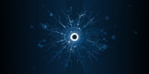 Abstract blue neural network with a central glowing eye like structure