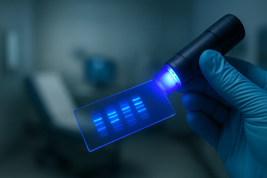 Hand holding a UV light torch over a digital gel electrophoresis screen to reveal glowing blue DNA band patterns for forensic analysis