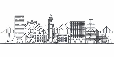 Linear cityscape illustration featuring iconic buildings and a ferris wheel