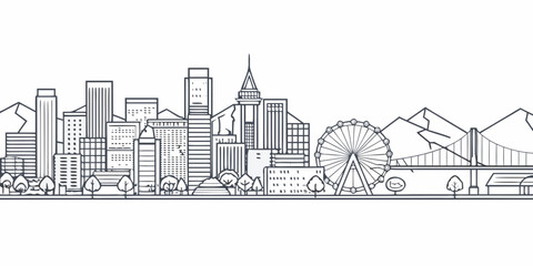 Linear illustration of a city skyline with mountains and a ferris wheel