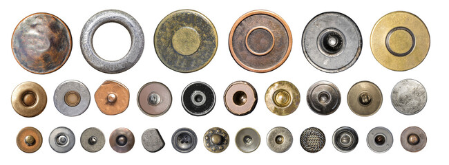 Assortment of metal rivets, buttons, and snaps on transparent background