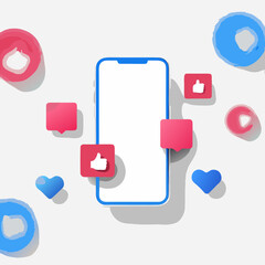 Smartphone mockup surrounded by social media icons and notification bubbles