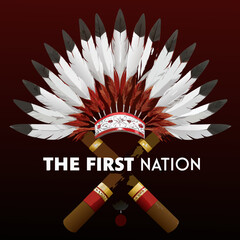 Native american headdress with crossed tomahawks and text overlay