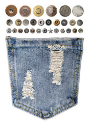 Ripped denim jeans pocket with metal buttons and studs
