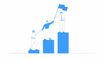 Teamwork and support people helping each other climb steps to success