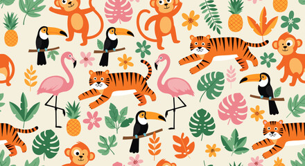 Tropical Wildlife Pattern Design with Tigers, Monkeys, Toucans, and Flamingos Amidst Lush Exotic Foliage, Offering a Vibrant Jungle Theme Perfect for Children's Decor, Textiles,.
