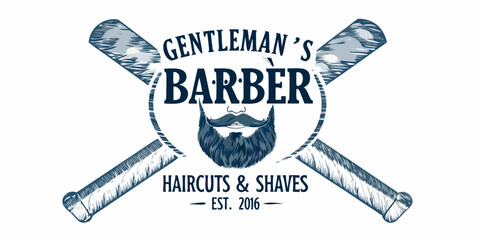 Vintage barber shop logo with crossed shaving razors and a mustache